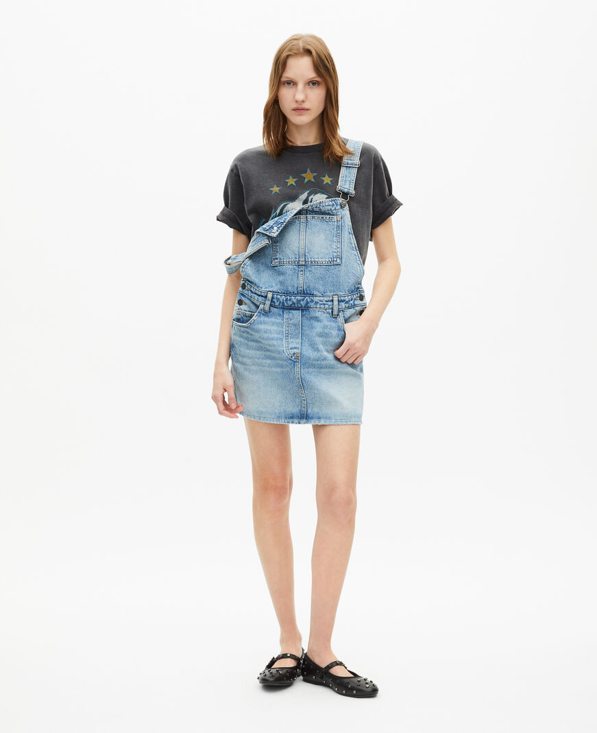 The Kooples WOMEN BLUE BLEACHED / NAVY short denim dungaree dress