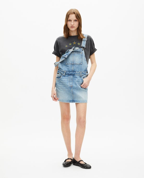 The Kooples WOMEN BLUE BLEACHED / NAVY short denim dungaree dress