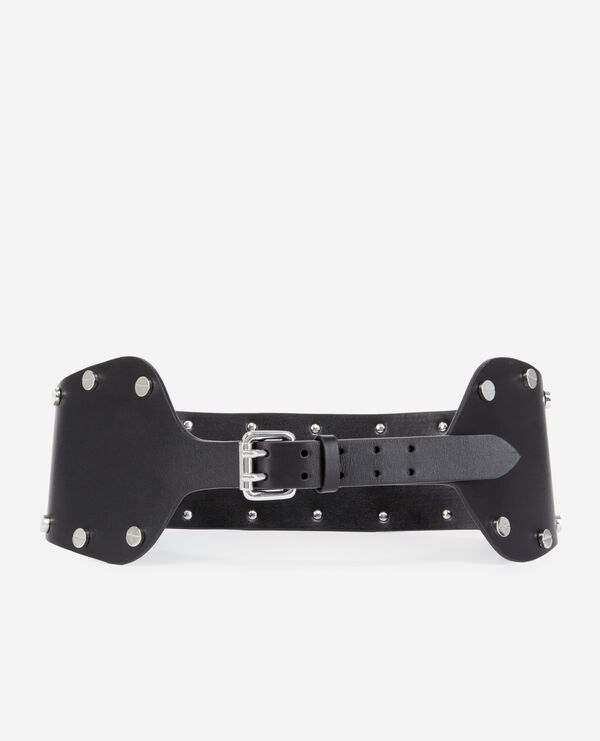 wide black leather belt with studs