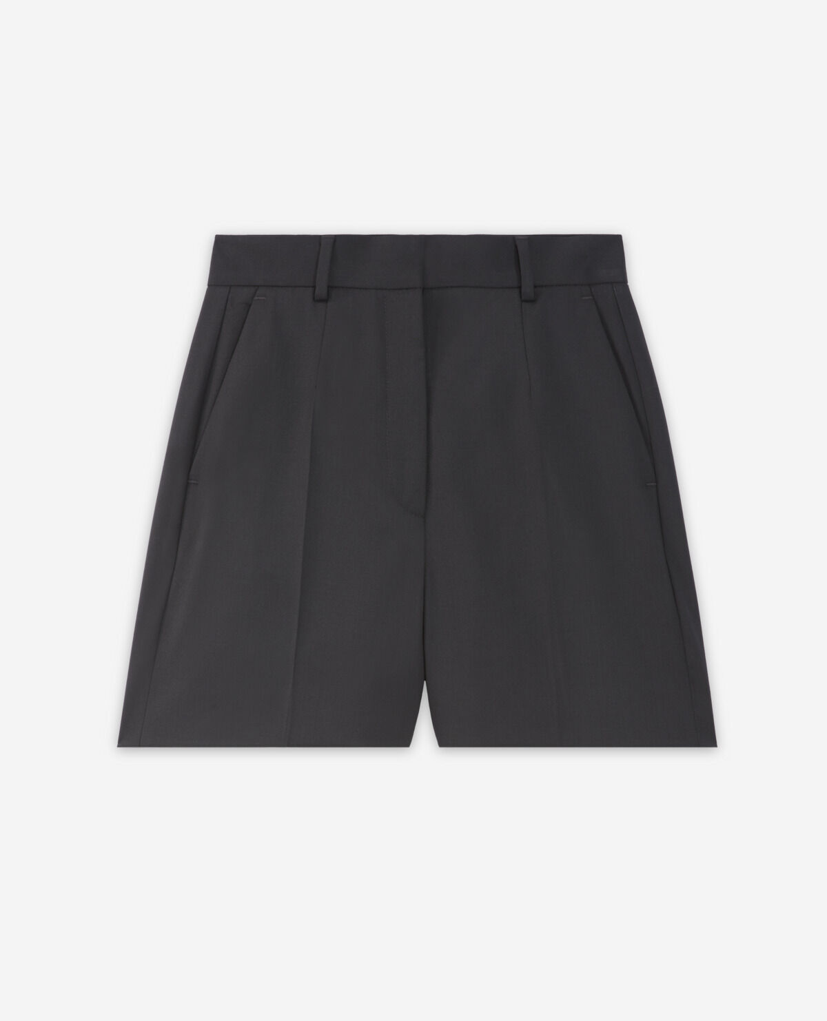Roomy high-waisted black wool shorts