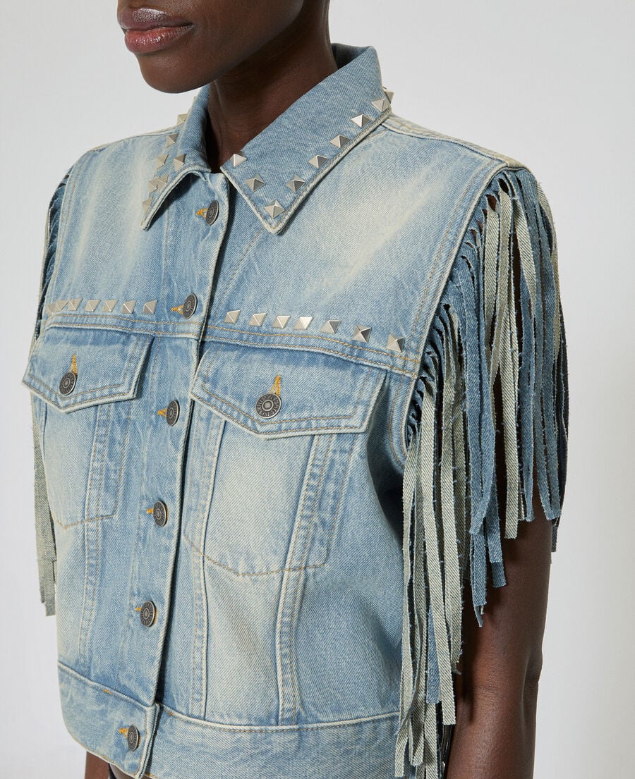 The Kooples FEMME BABY BLUE blouson en denim avec franges et studs bleu