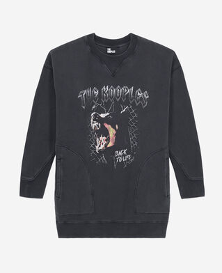 The Kooples F BLACK WASHED women's black sweatshirt dress with barking dog serigraphy