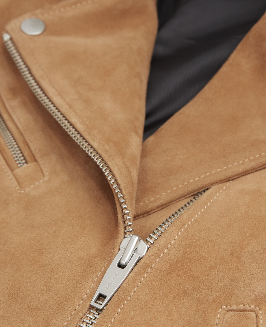 suede leather zipped camel biker jacket