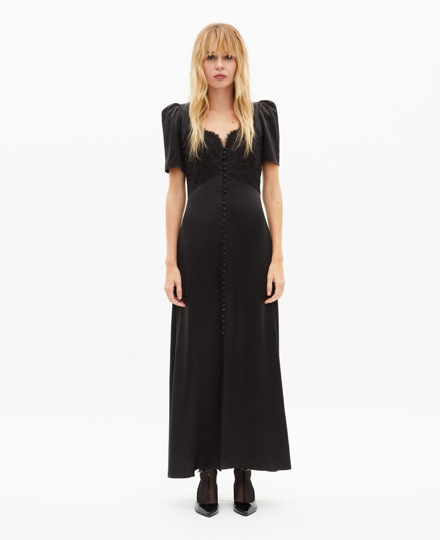 The Kooples DAMEN BLACK langes kleid aus seide mit schwarzer spitze