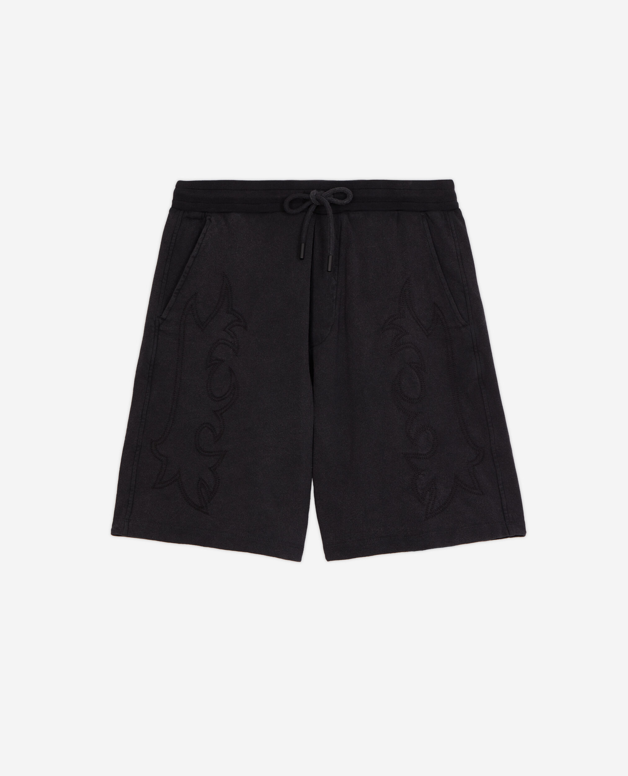 Black fleece shorts with Western-style embroidery, BLACK WASHED, hi-res image number null