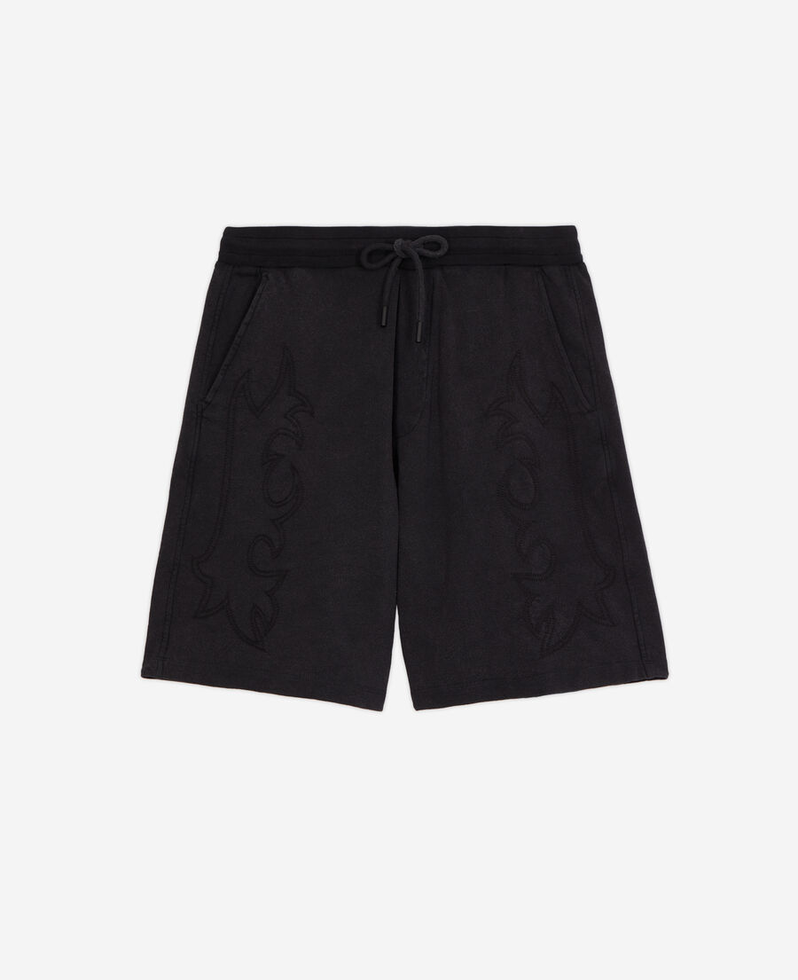black fleece shorts with western-style embroidery