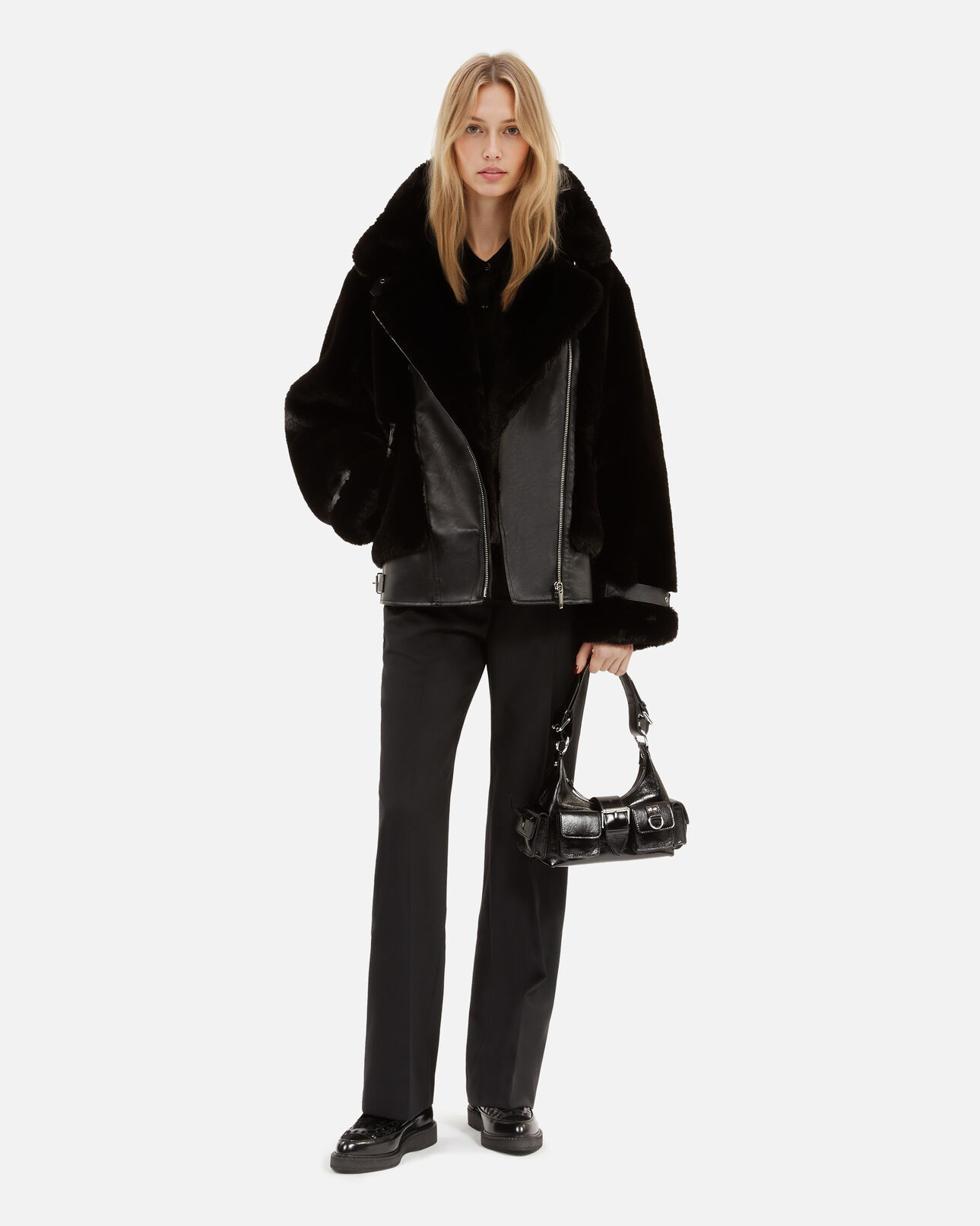 The Kooples WOMEN BLACK black fur-effect aviator jacket
