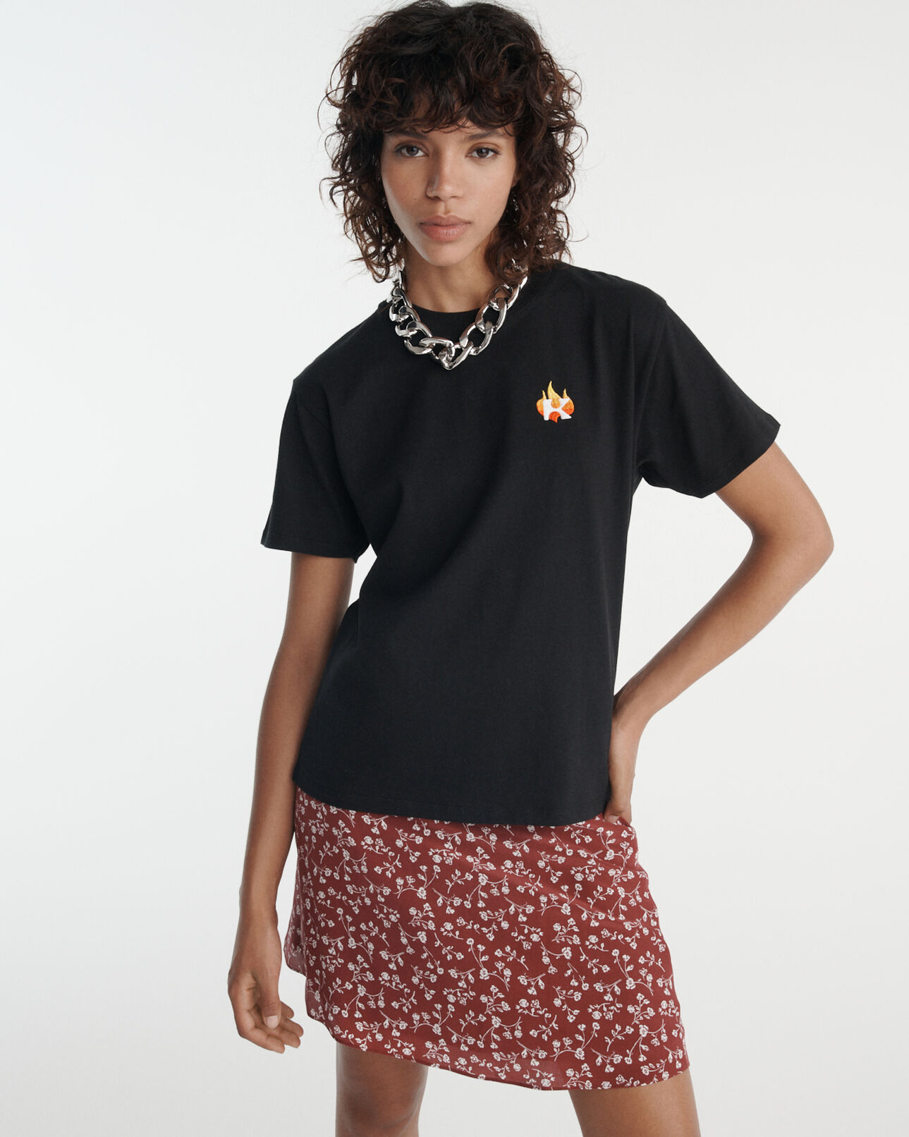 The Kooples FEMME BLACK t-shirt noir coton broderie flamme