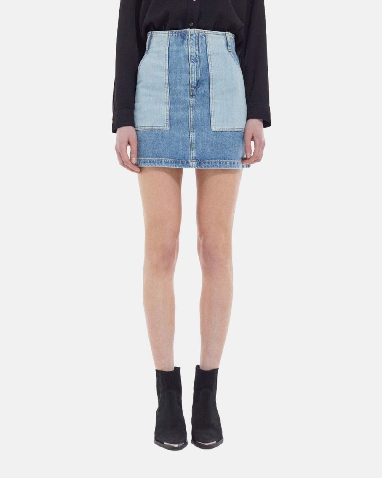 The Kooples FEMME BLUE WASHED jupe courte en jean poches patchwork