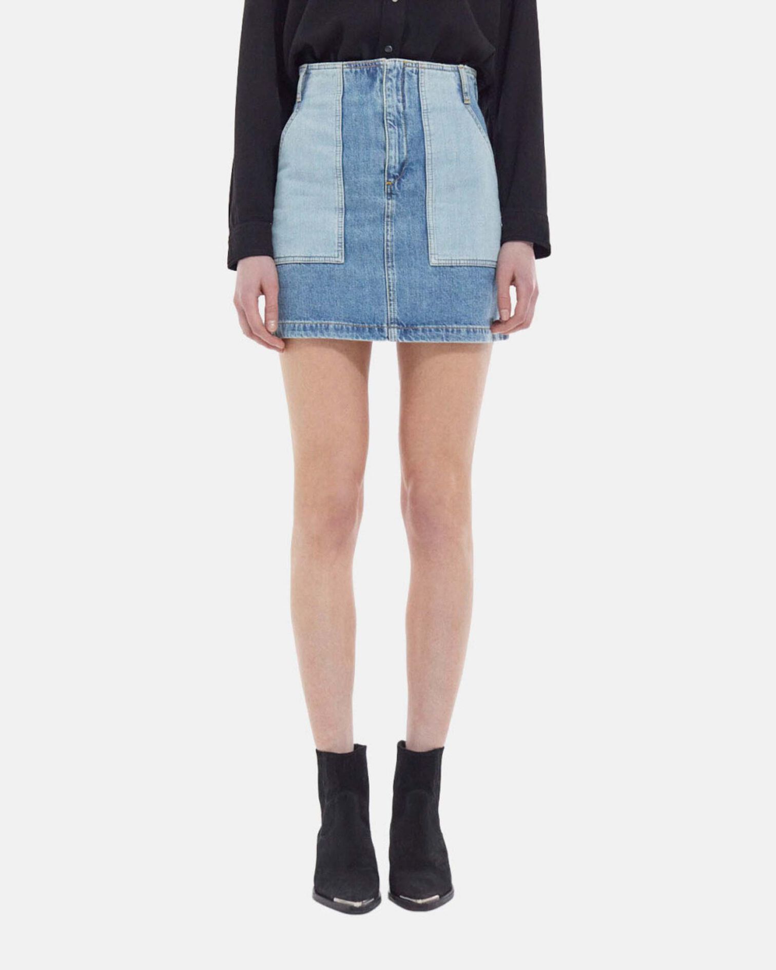 Jupe courte en jean poches patchwork, BLUE WASHED, hi-res image number null