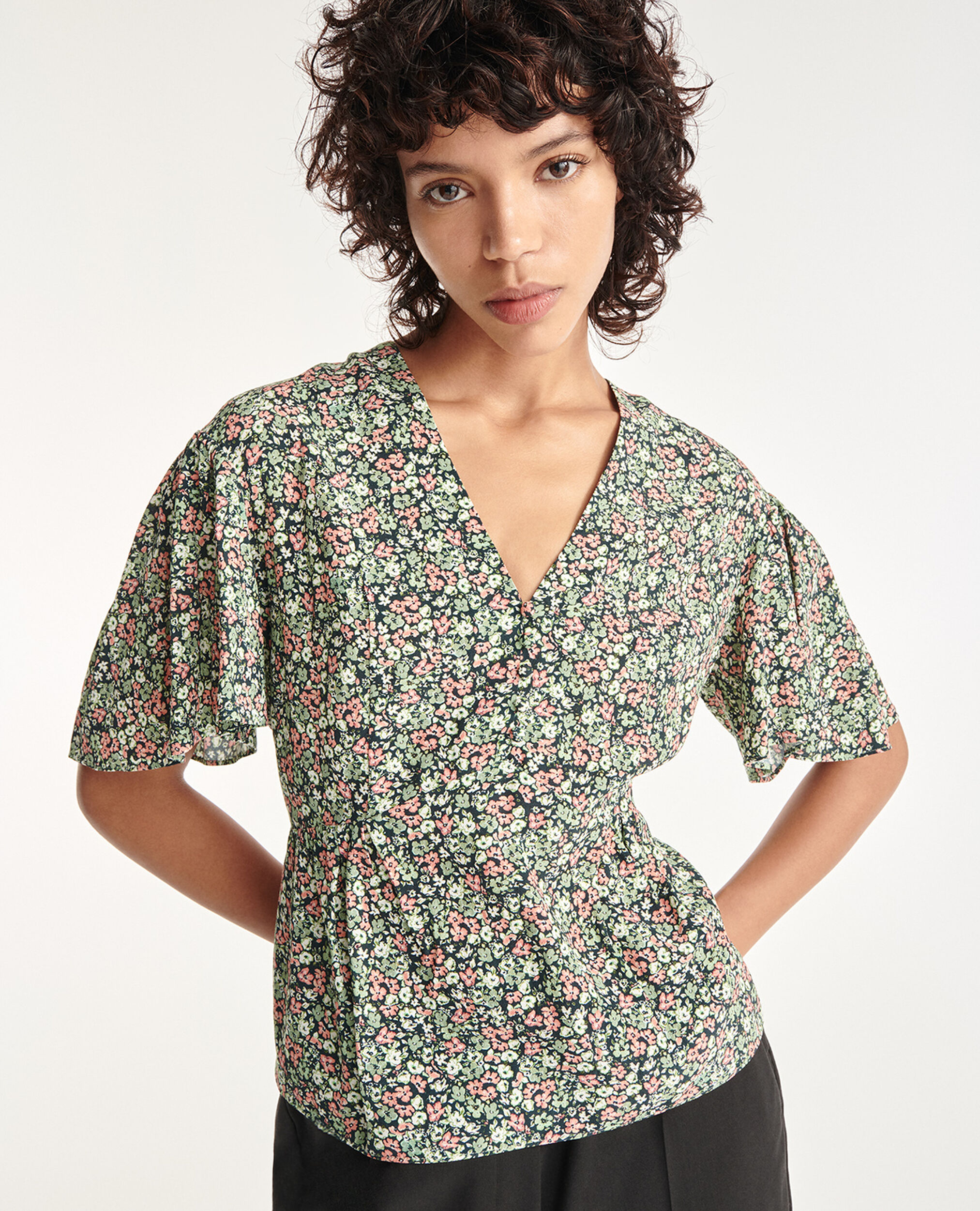 Flowing frilly green top with floral print, GREEN, hi-res image number null