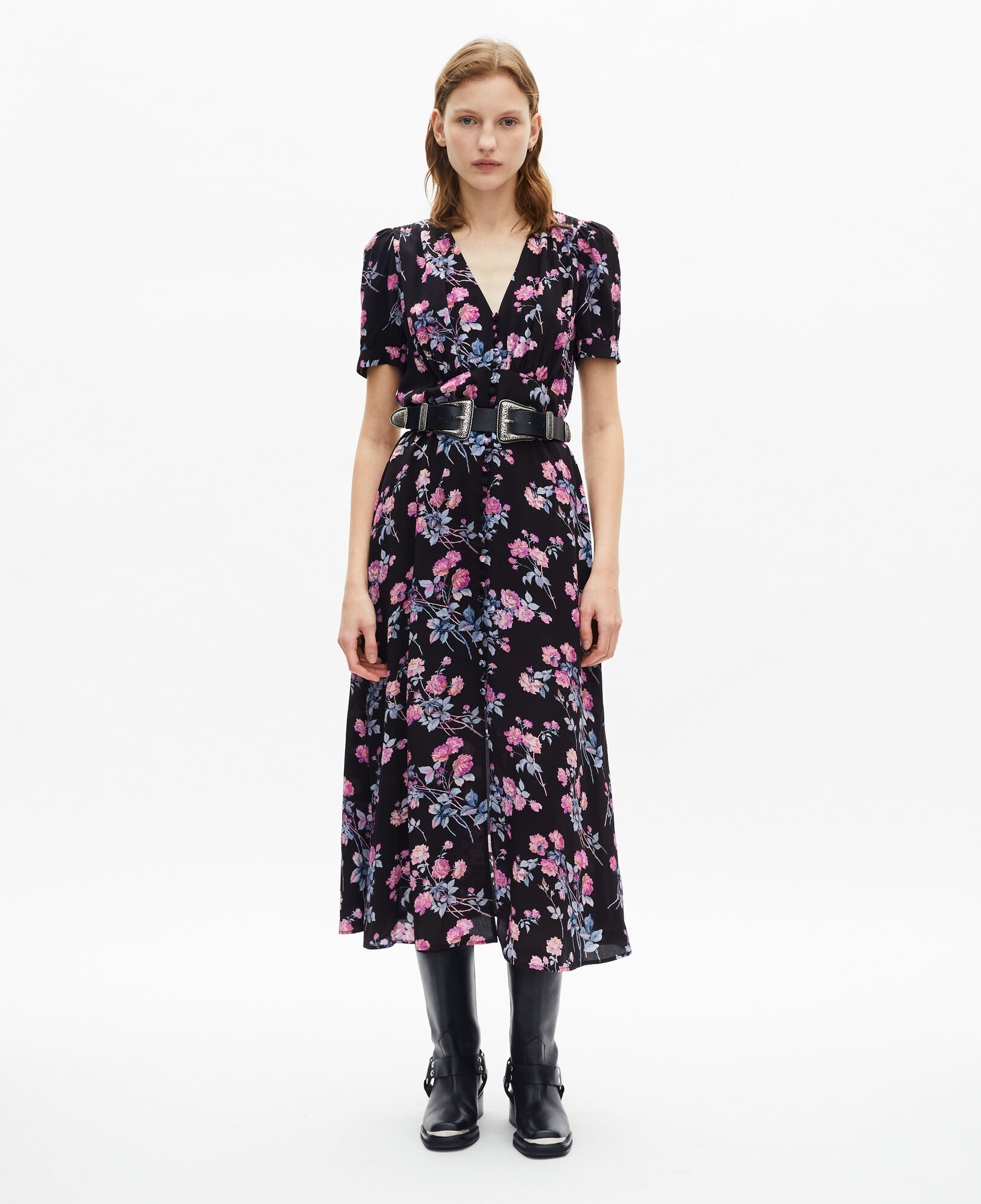 The Kooples WOMEN BLACK / PINK long black 'neon roses' print dress