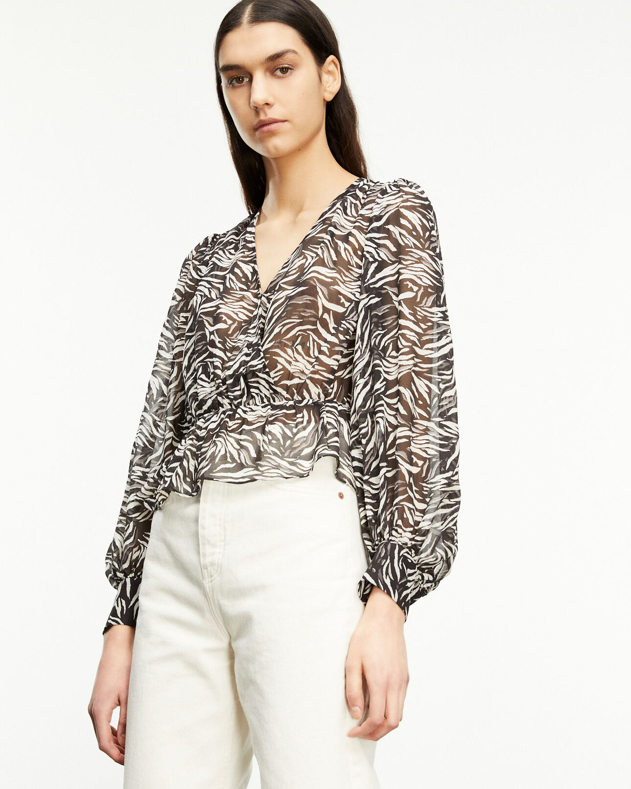 The Kooples WOMEN BLACK WHITE flowing black and white zebra-print top