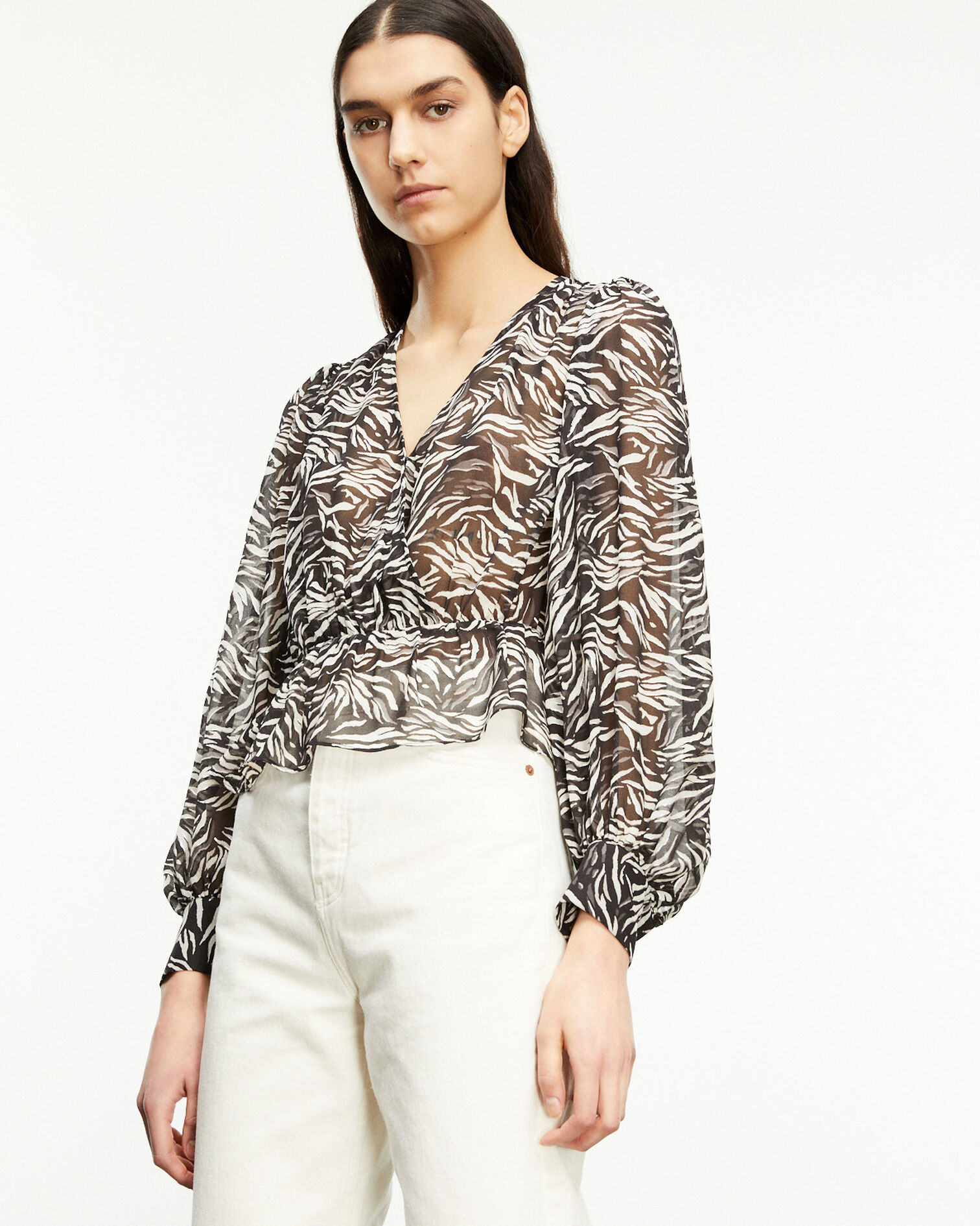 Flowing black and white zebra-print top, BLACK WHITE, hi-res image number null