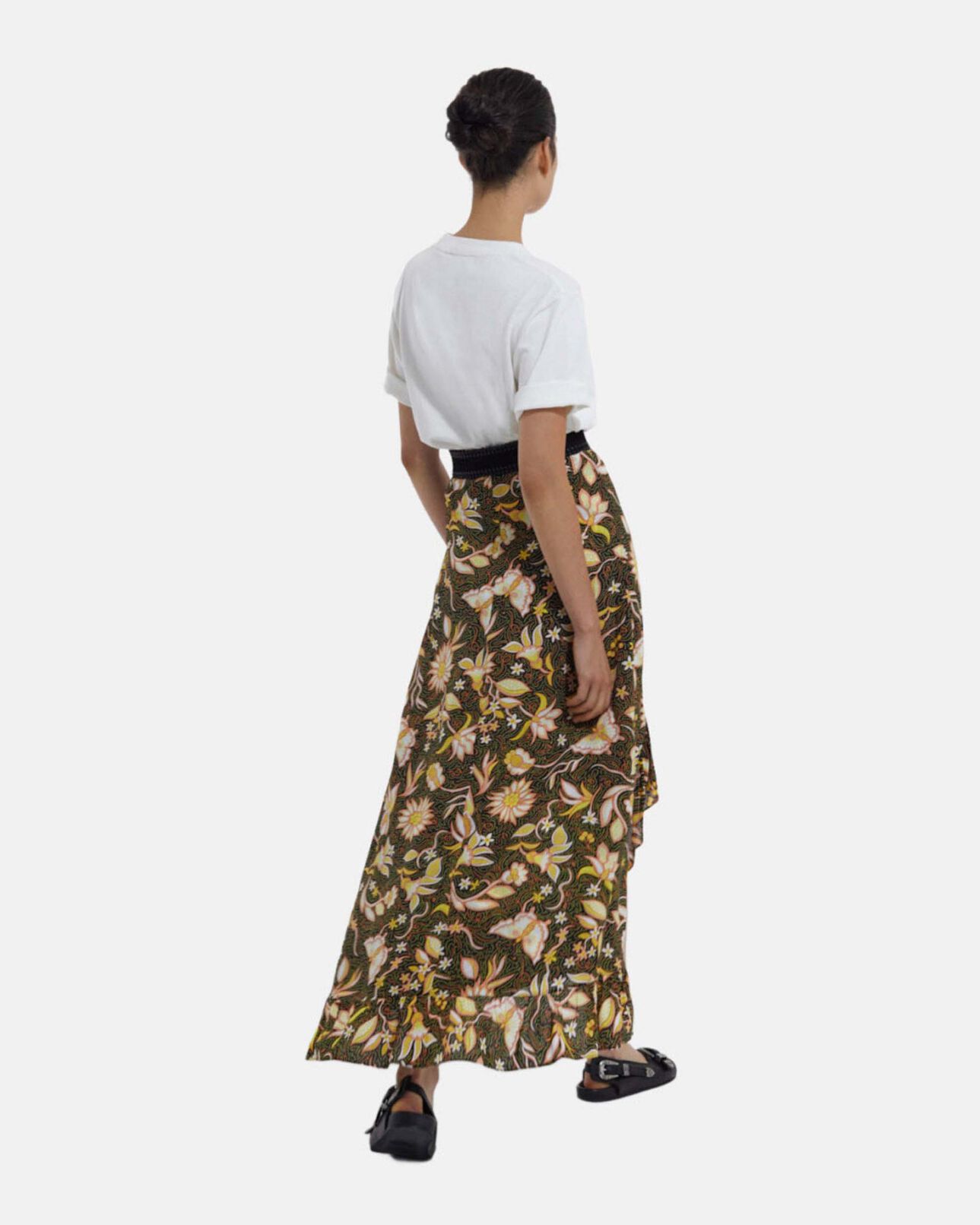The Kooples FEMME BLACK jupe fleurie asymétrique à volants