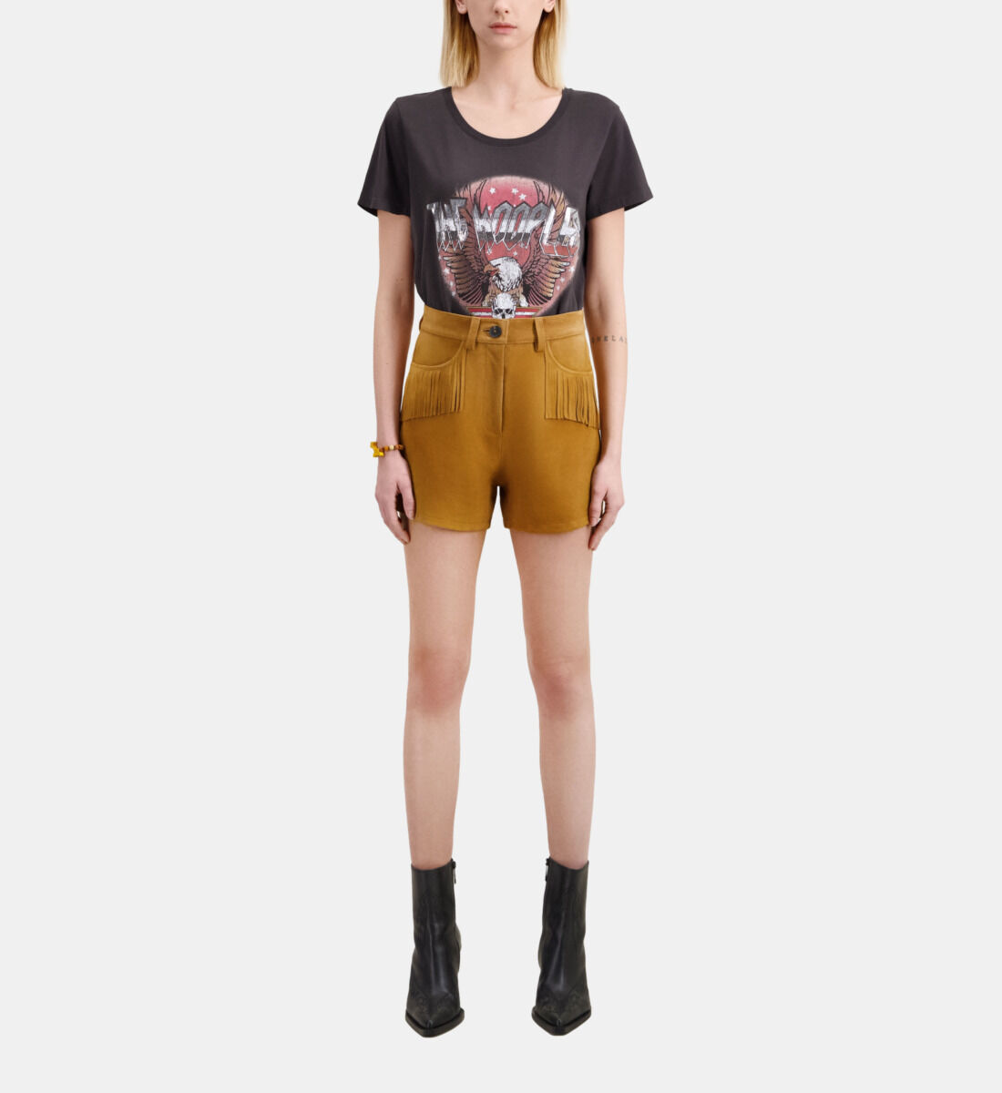 Short en cuir camel avec franges