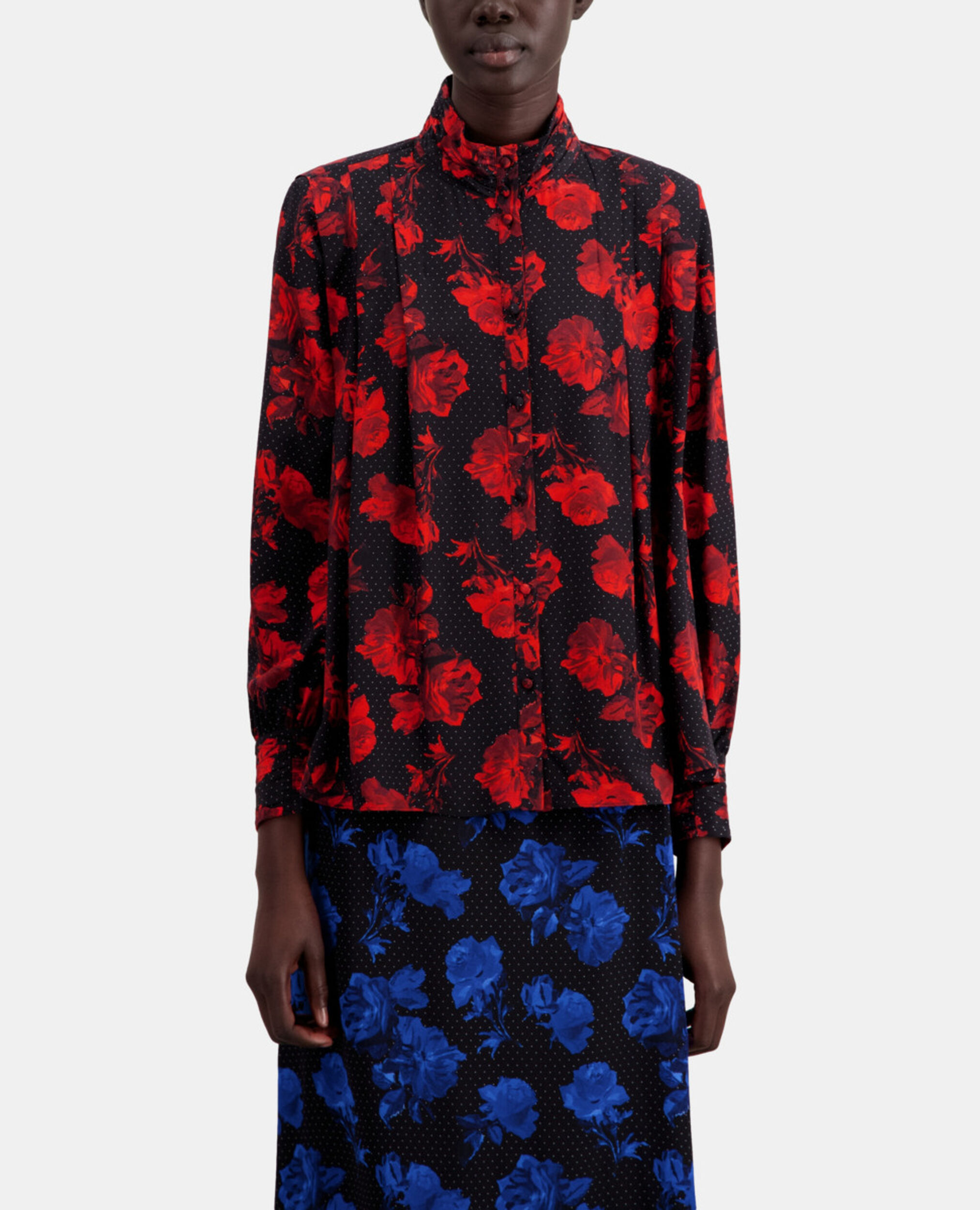 Printed silk top with pleating, BLACK - RED, hi-res image number null