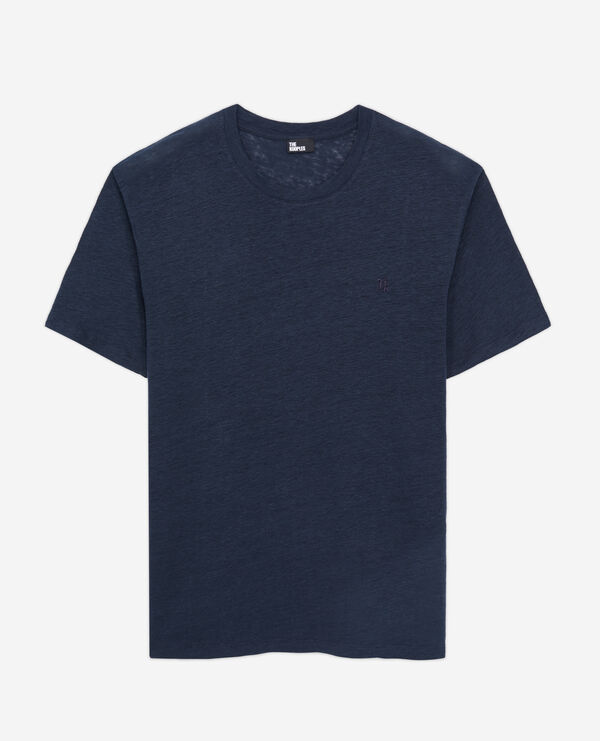 men's navy blue linen t-shirt with blazon