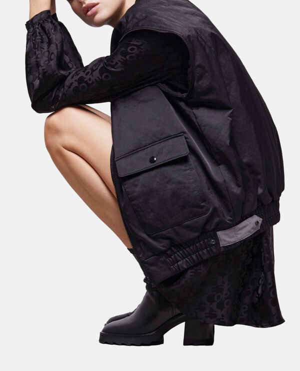 black satin bomber jacket with detachable sleeves