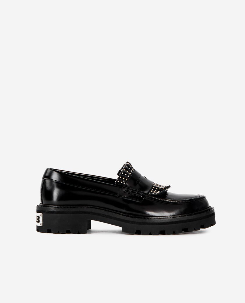 The Kooples WOMEN BLACK penny loafers in black leather with fringes and studs
