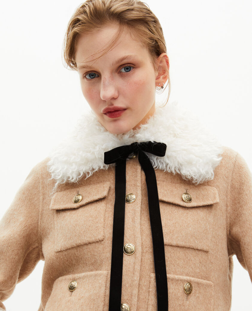 The Kooples FEMME BEIGE LINEN blouson court en laine col sherpa beige