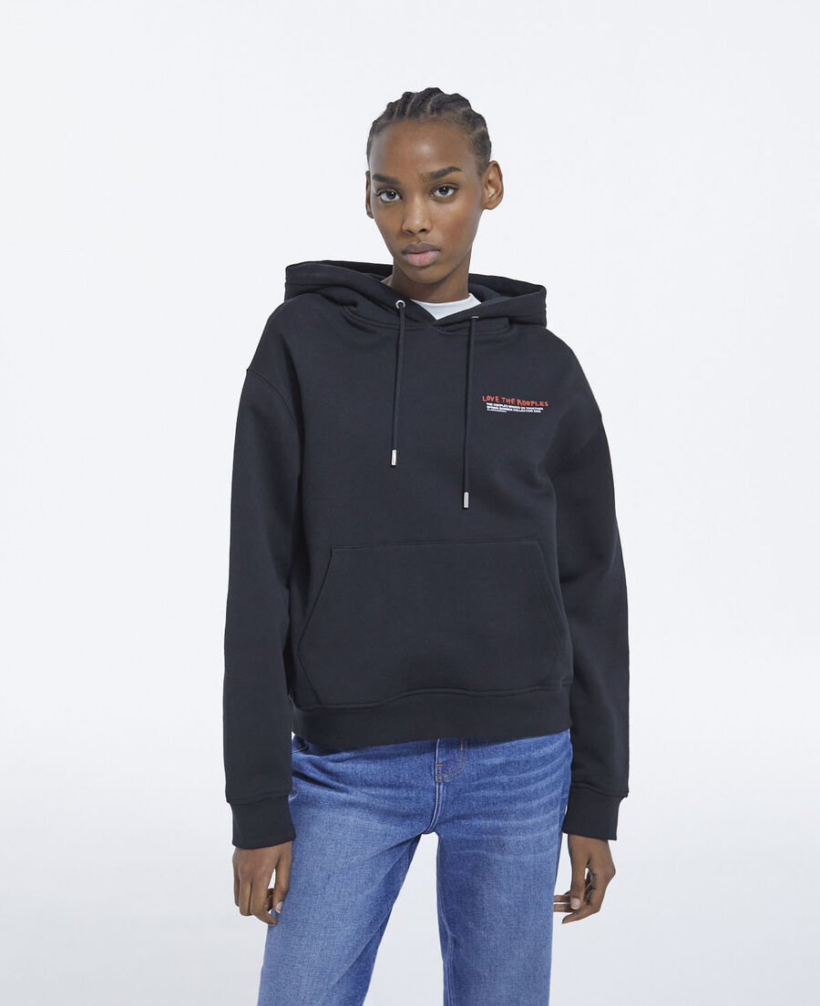 black hooded sweatshirt with chest writing