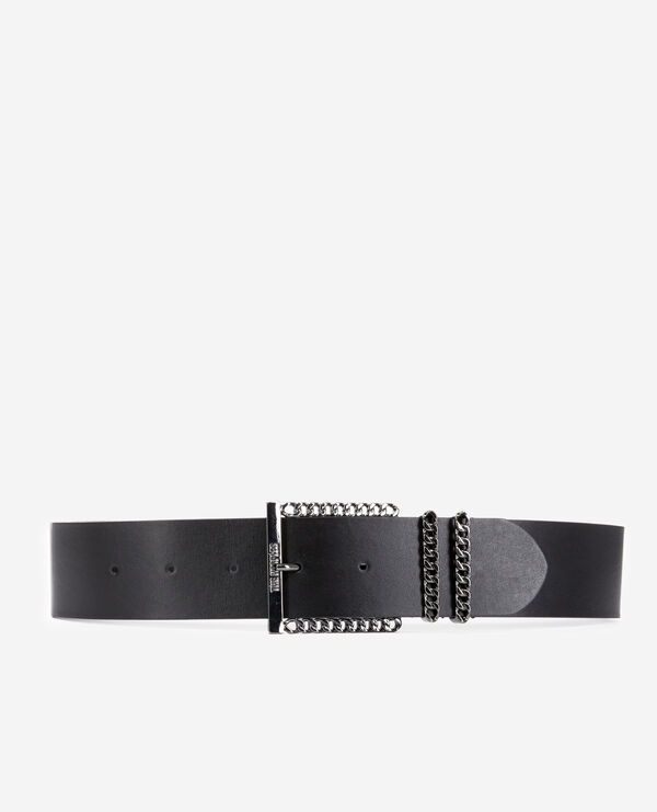 black leather belt with chain buckle