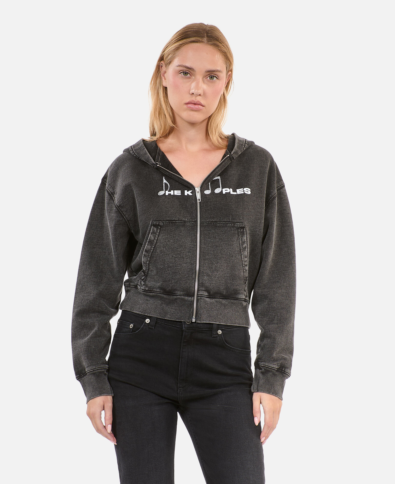 The Kooples F BLACK WASHED black hoodie with serigraphy