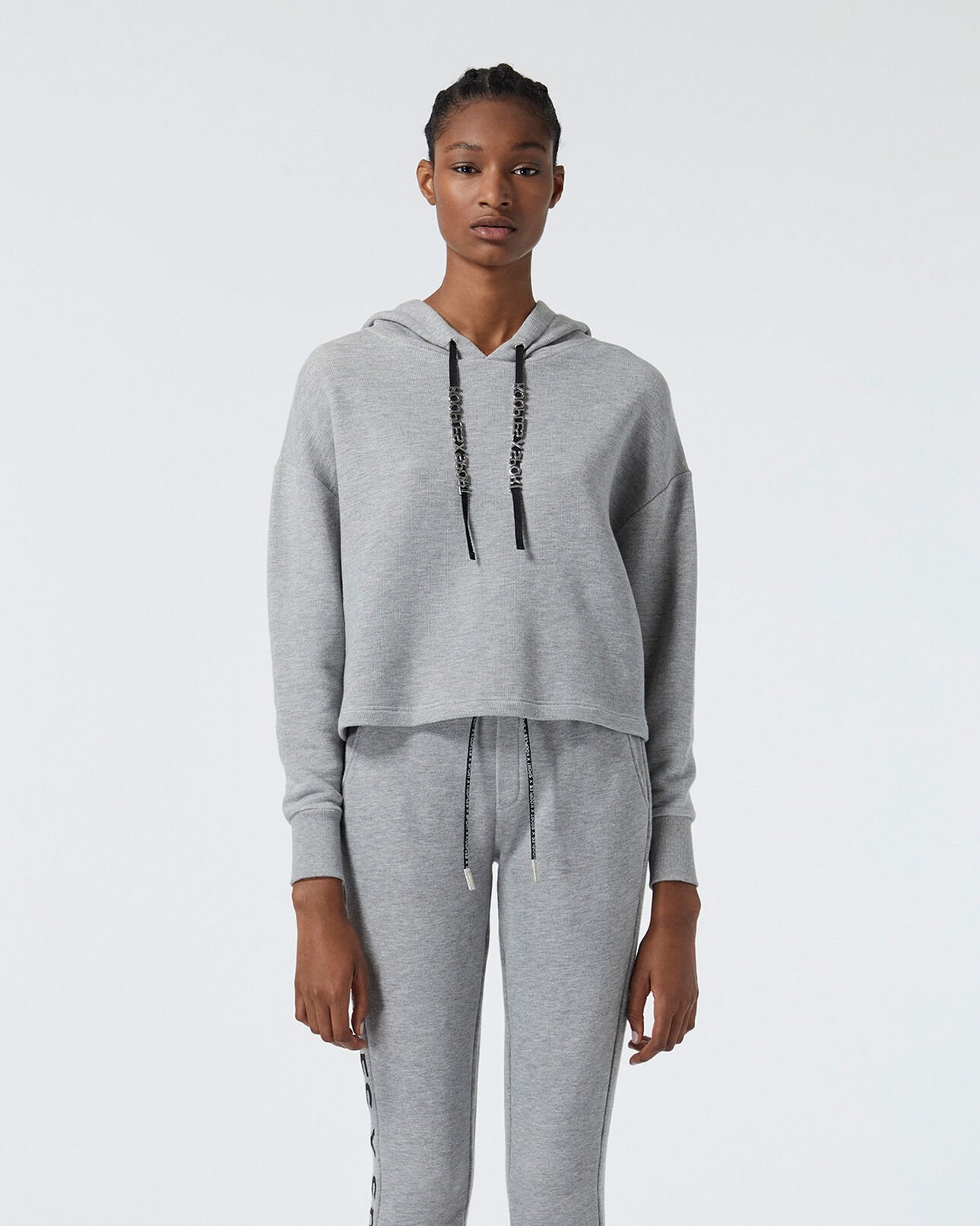 The Kooples FEMME LIGHT GREY MELANGE sweat gris à capuche et cordon imprimé