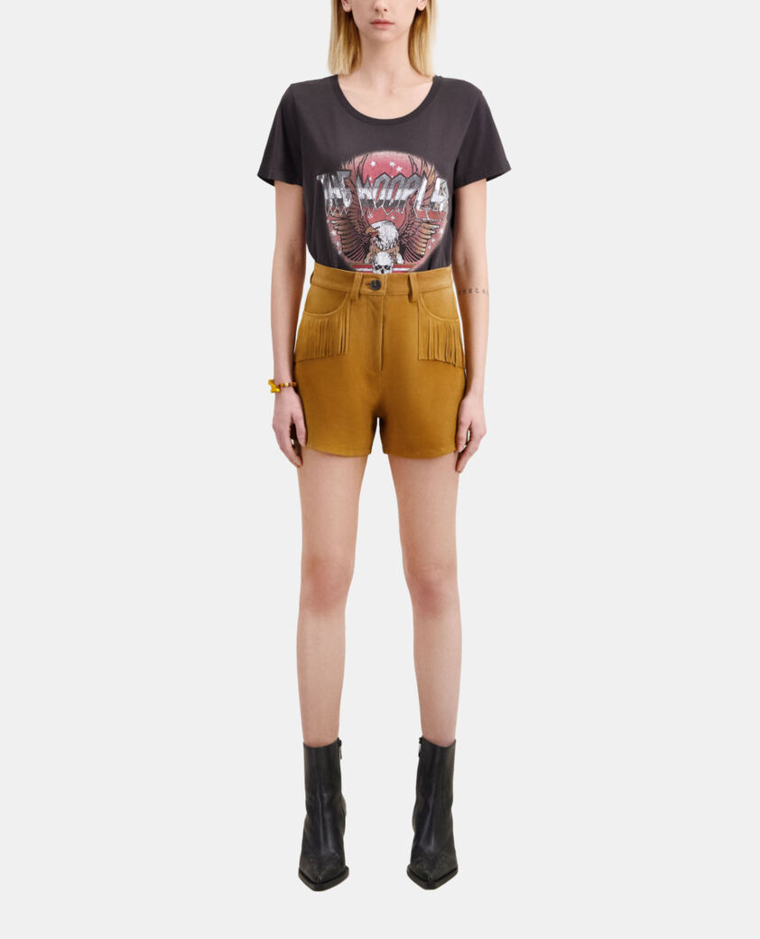 The Kooples FEMME CAMEL short en cuir camel avec franges