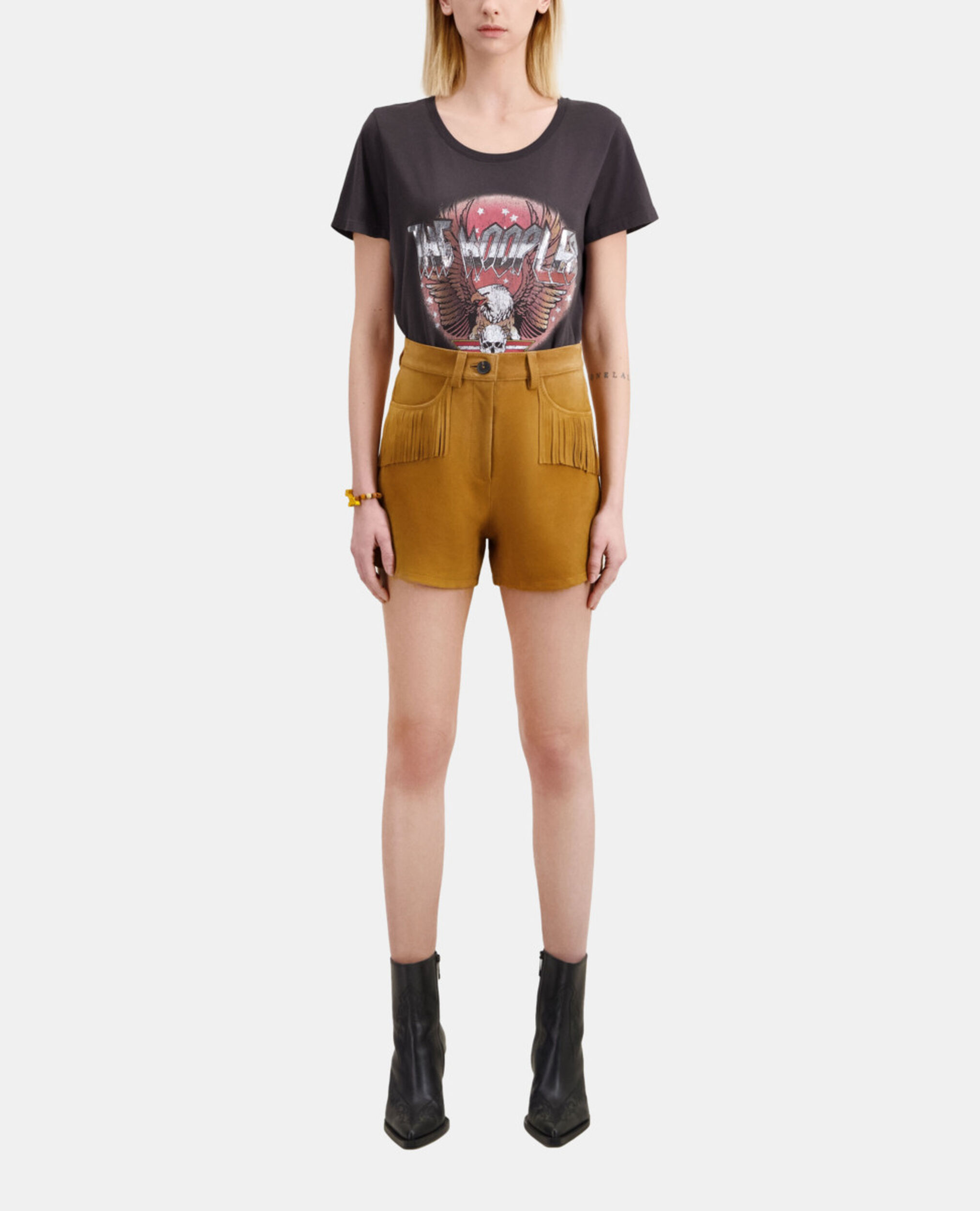 Camel leather shorts with fringes, CAMEL, hi-res image number null