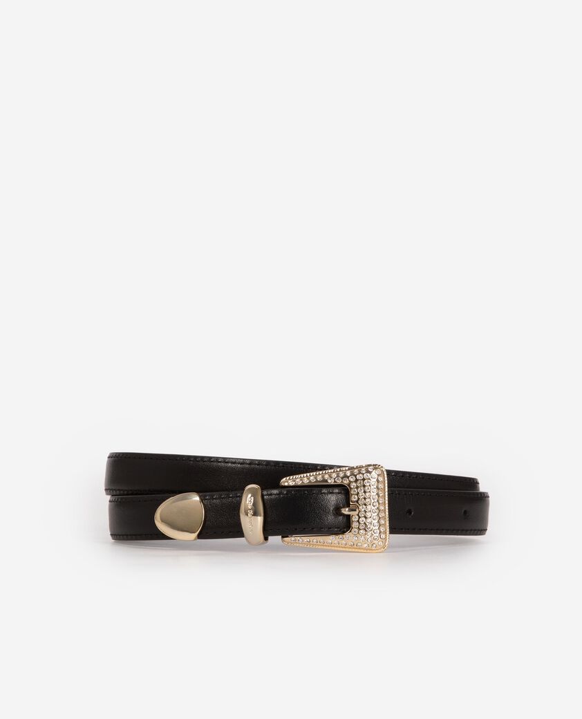 The Kooples MUJER BLACK cinturón western de piel negra con hebilla dorada y strass