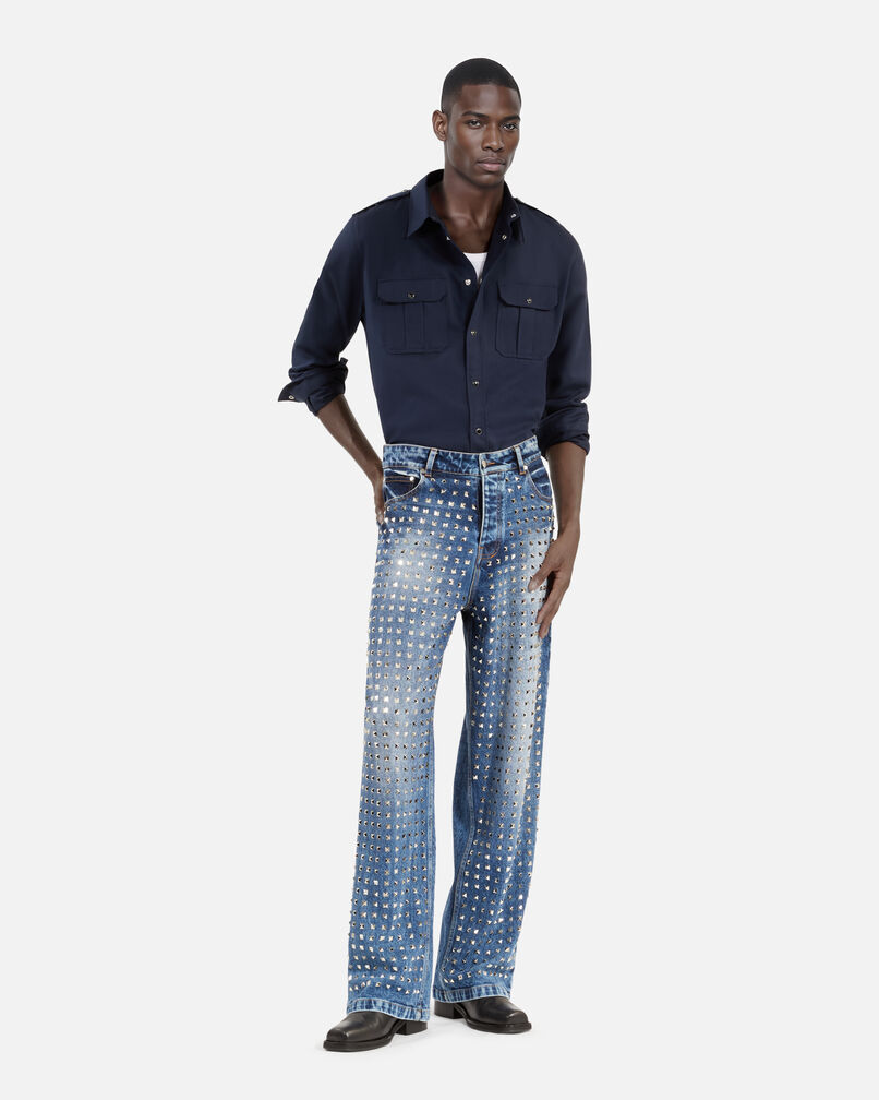 The Kooples HOMME BLUE BLEACHED / NAVY jean clouté large bleu