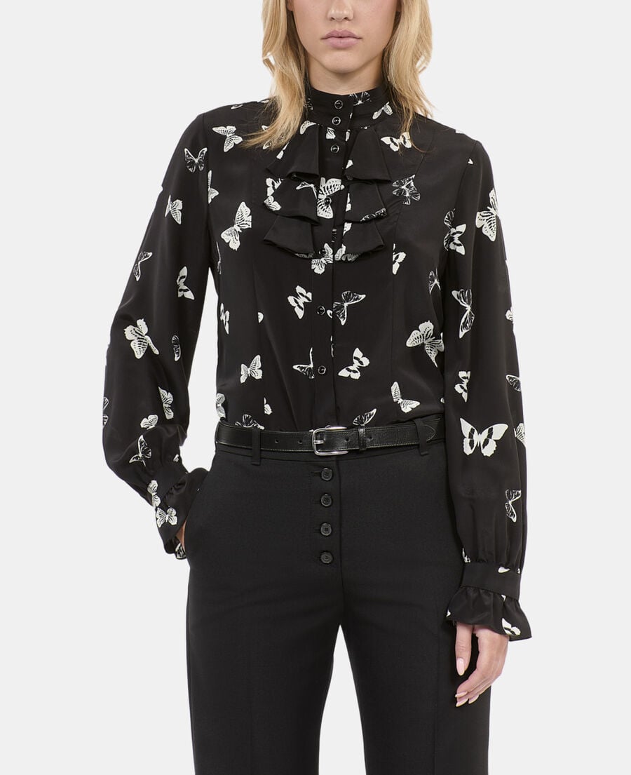 The Kooples WOMEN BLACK WHITE butterfly print silk shirt