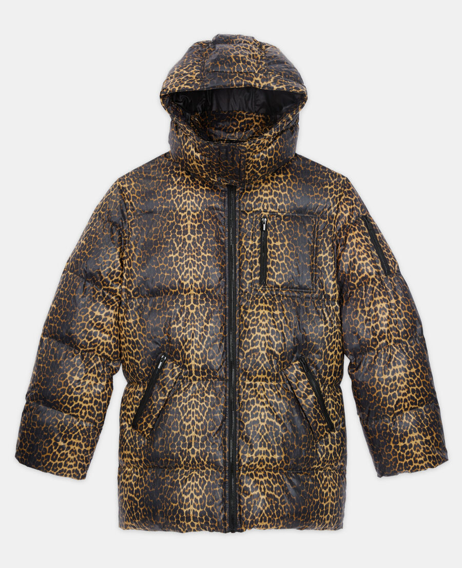 leopard print oversized down jacket with straps and logo