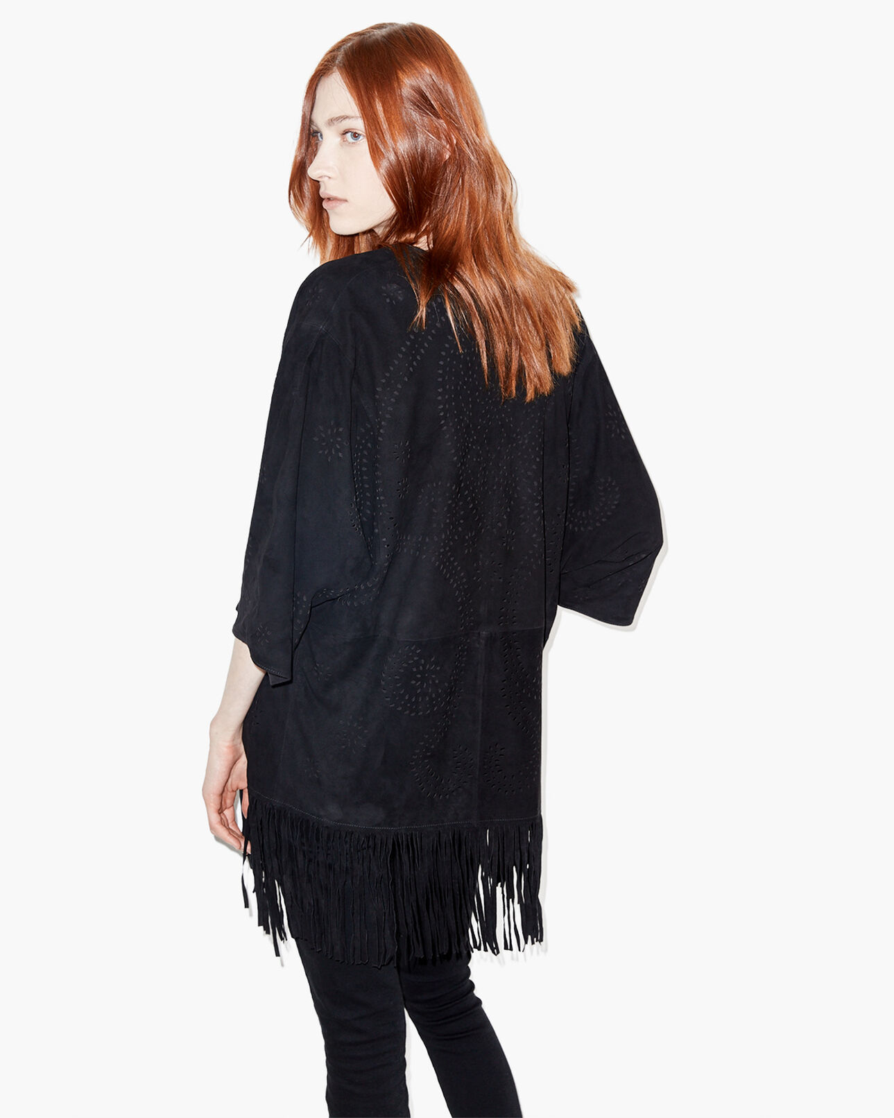 The Kooples FEMME BLACK poncho en daim à franges et détails ajourés