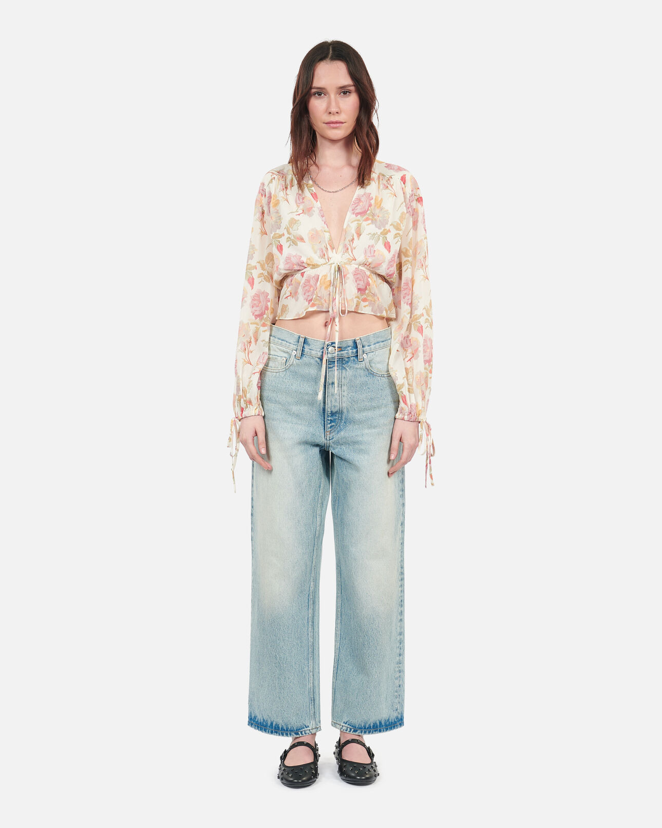 The Kooples FEMME BEIGE / RED top imprimé fleuri en soie avec volants