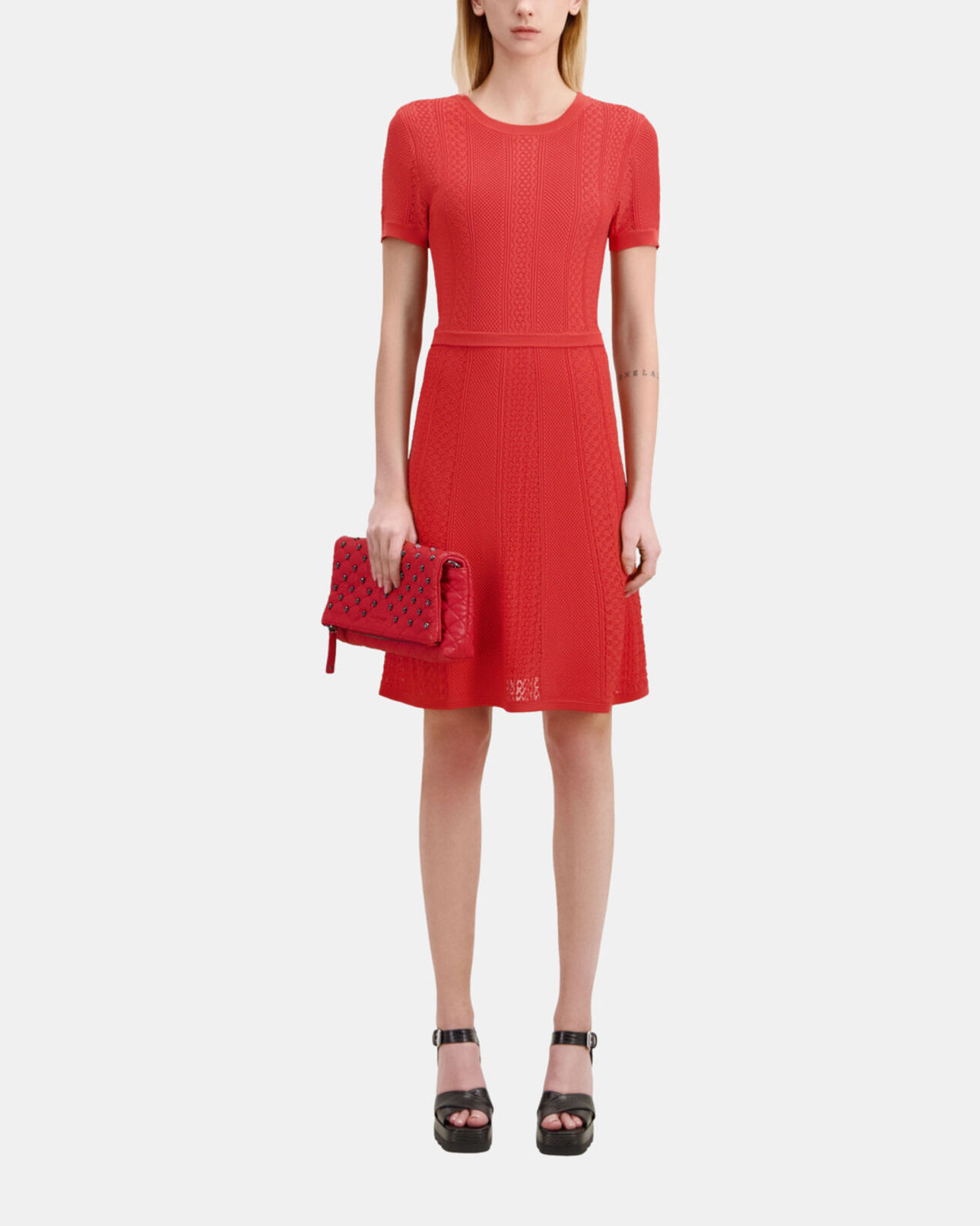 The Kooples WOMEN RED BRIQUE short red openwork knit dress