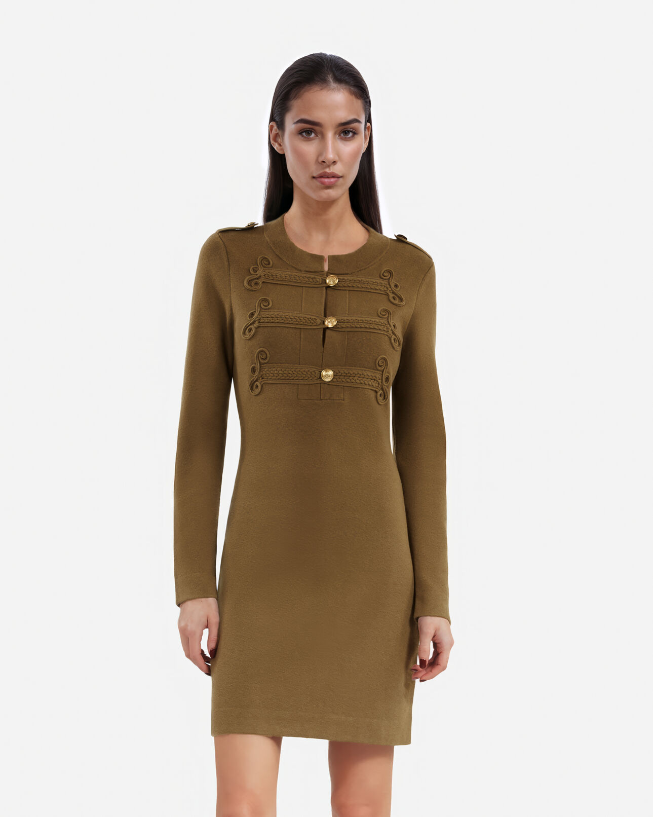 The Kooples WOMEN KAKI officer-style short dress in khaki knit