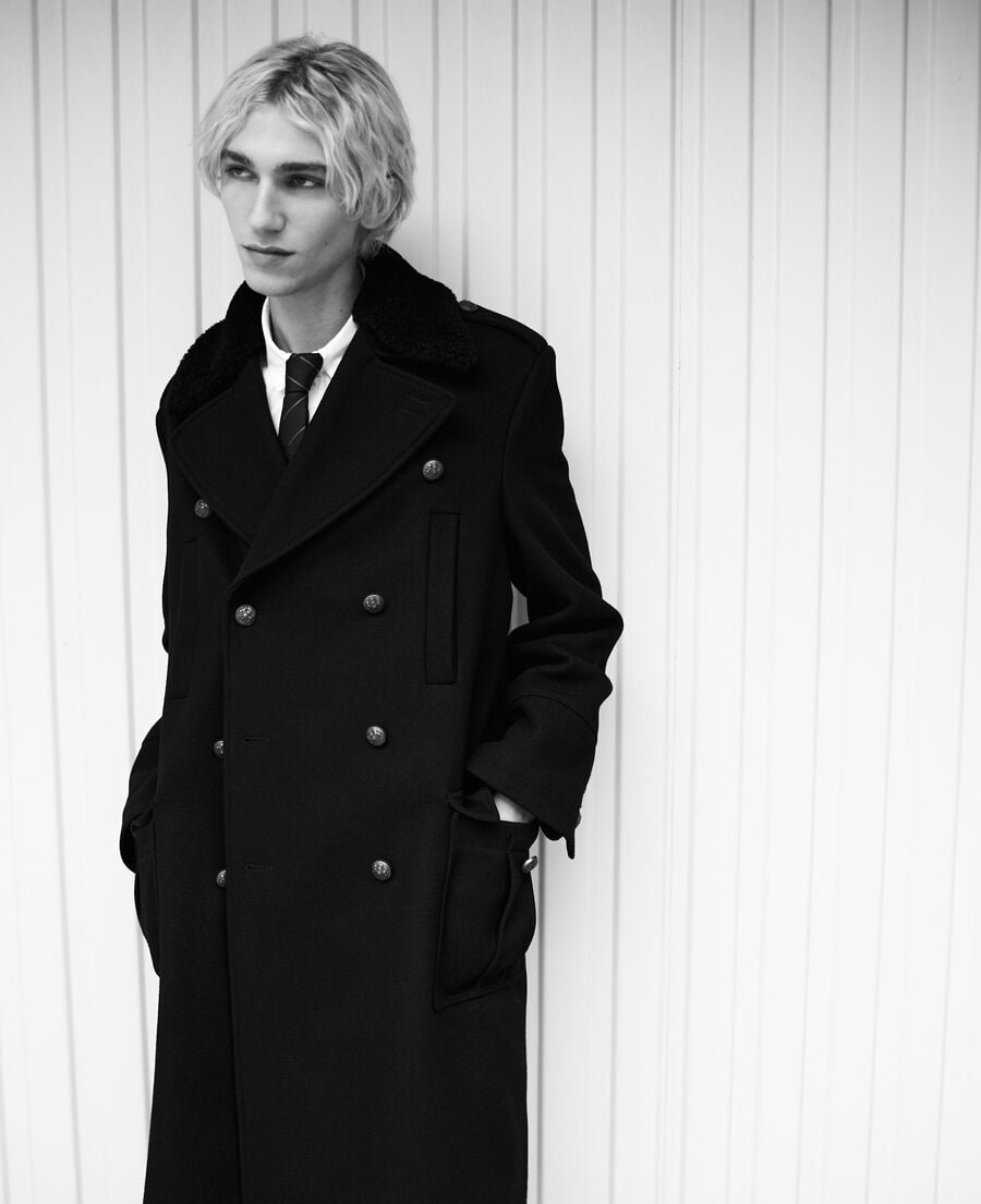 The Kooples MEN BLACK long black wool coat with sherpa collar
