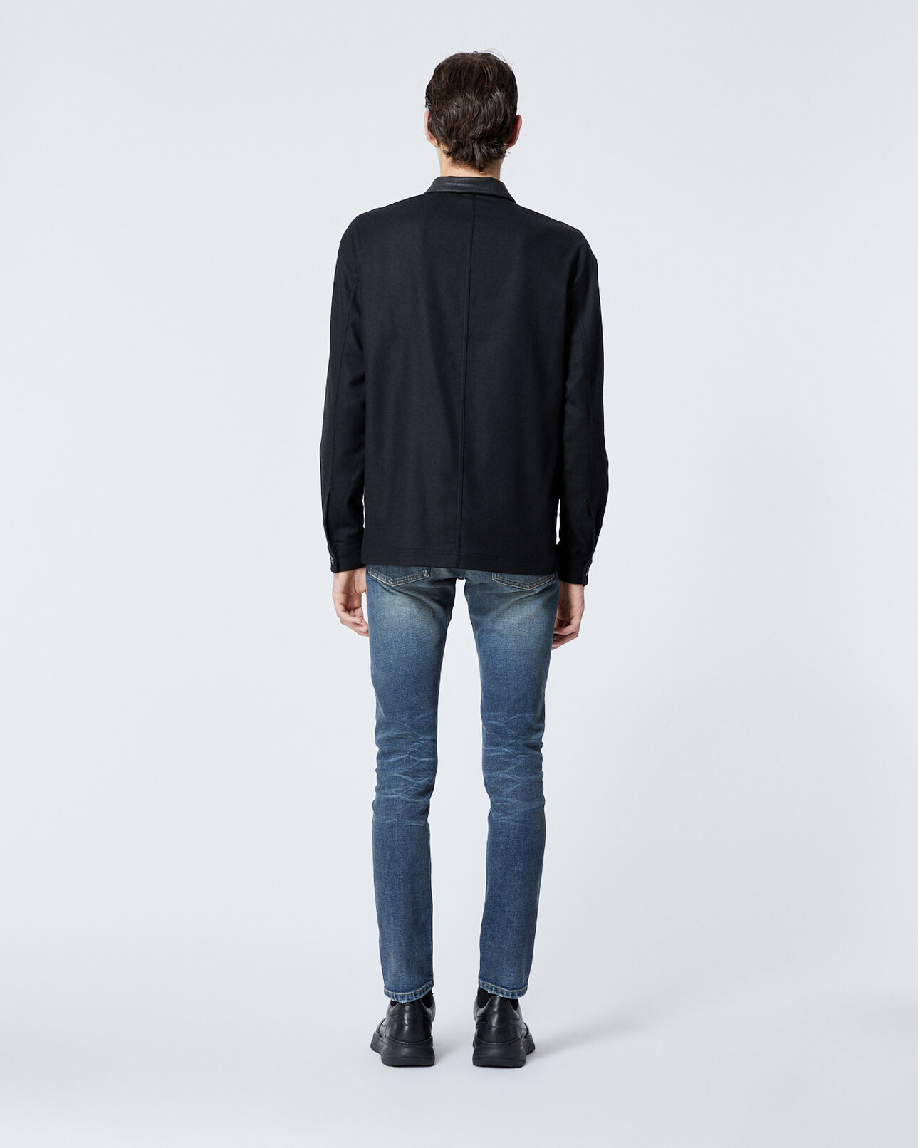 The Kooples MEN BLACK buttoned black wool shirt with leather collar