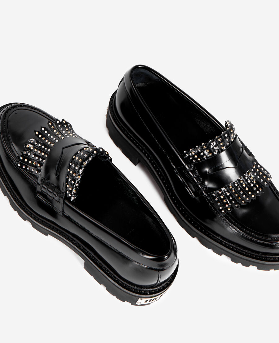 The Kooples FEMME BLACK mocassins penny en cuir noir avec franges et studs
