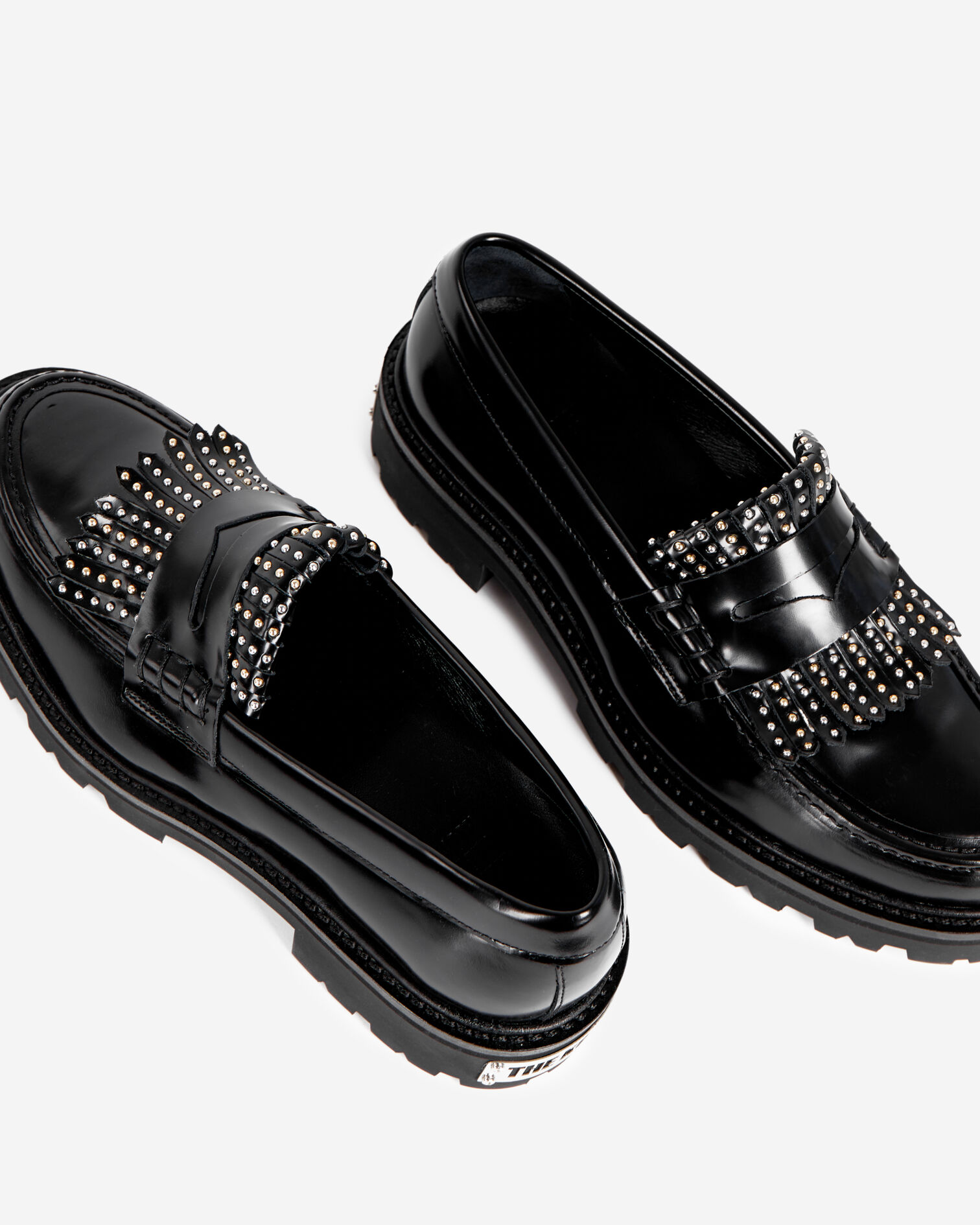 Mocassins Penny en cuir noir avec franges et studs, BLACK, hi-res image number null