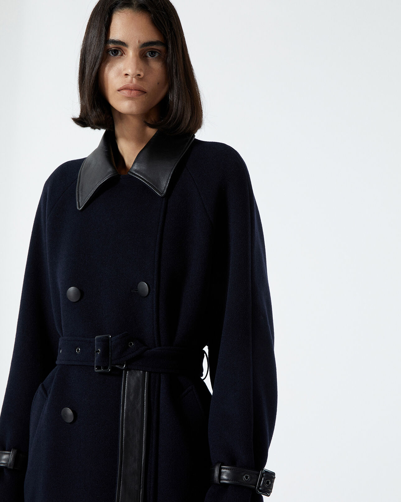 The Kooples WOMEN DARK NAVY trench-style navy blue wool coat