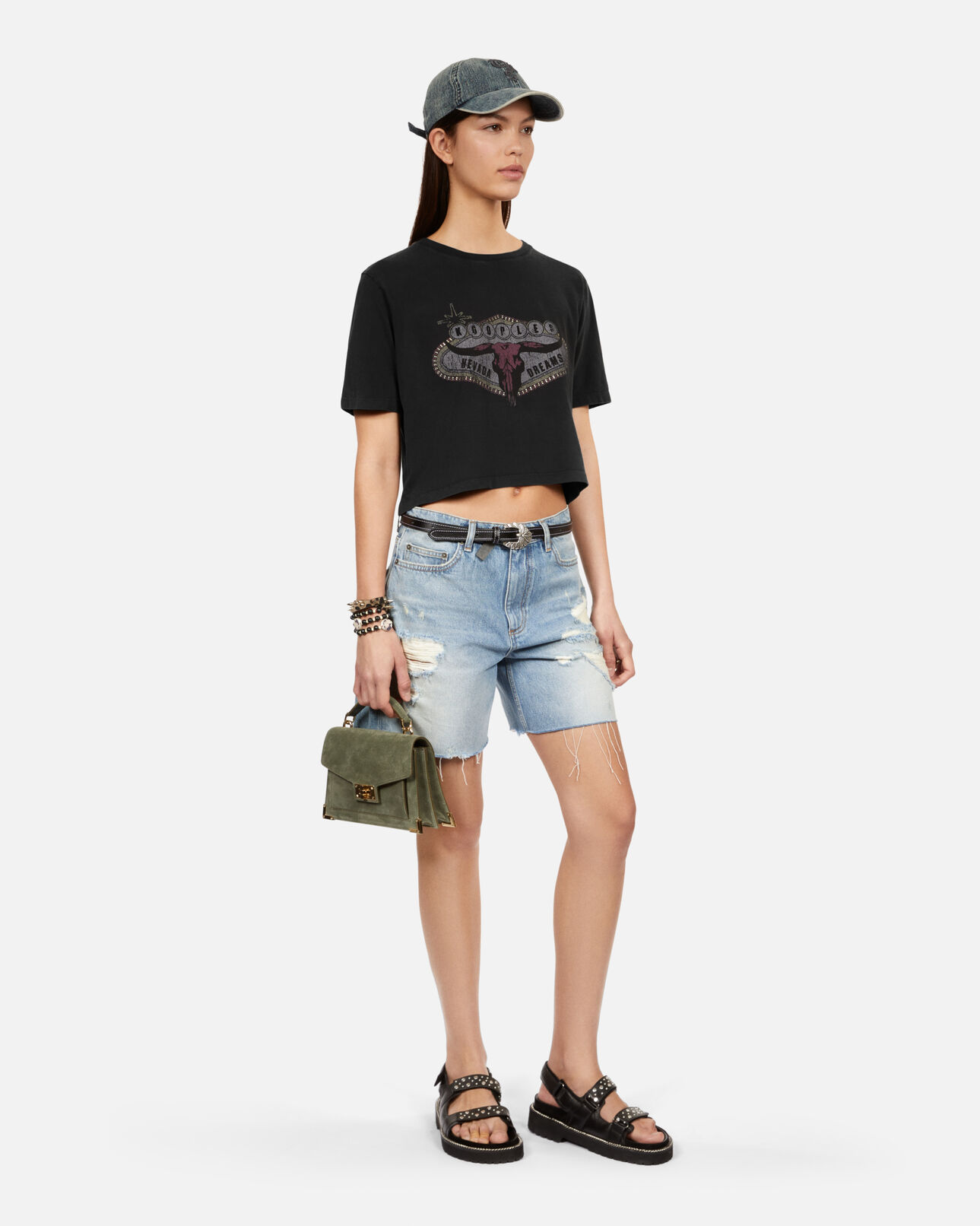 The Kooples WOMEN BLACK WASHED black t-shirt with nevada dreams serigraphy