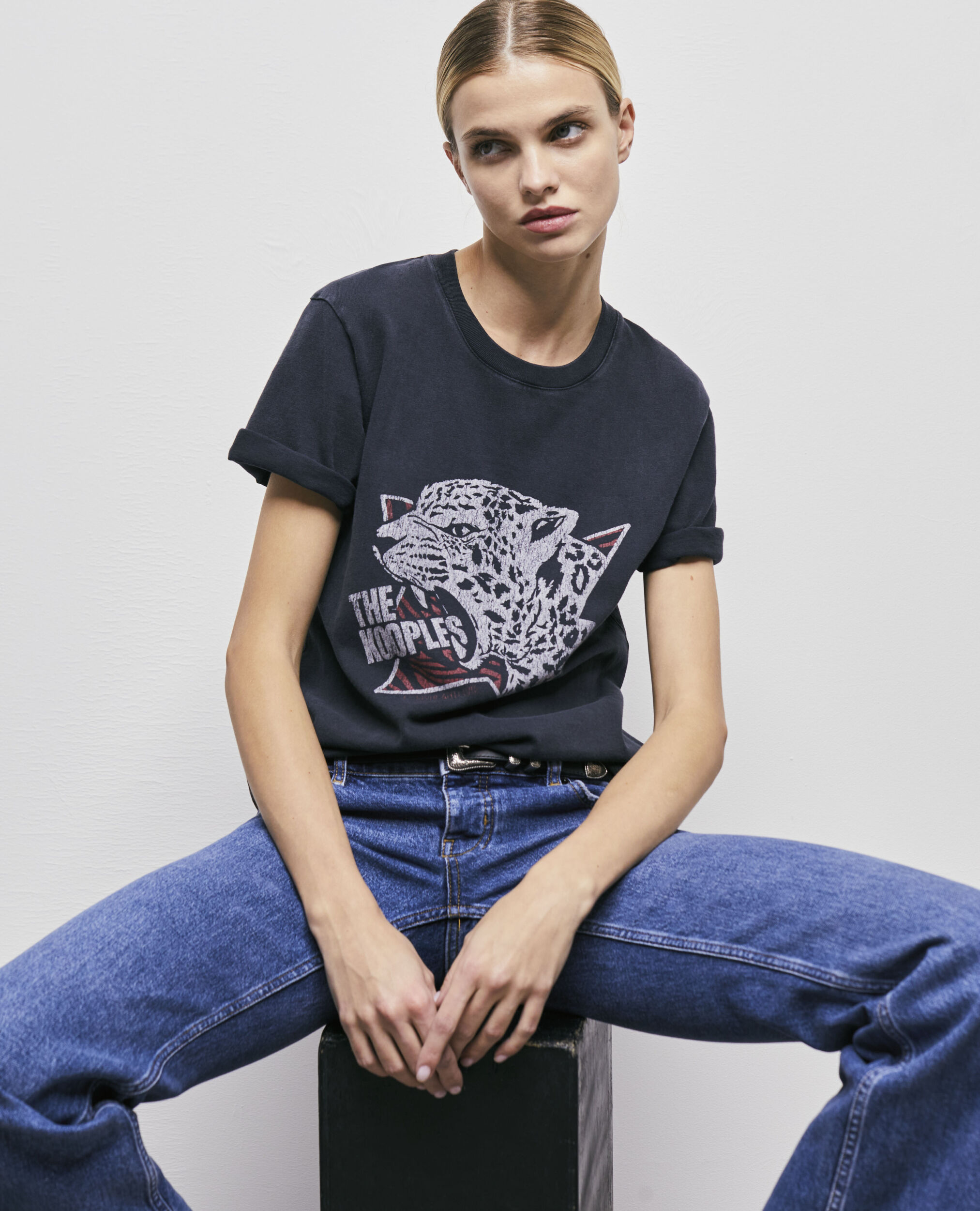 T-shirt Femme sérigraphié léopard, BLACK WASHED, hi-res image number null