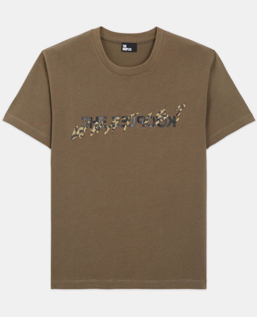 The Kooples DAMEN ALGUE khakifarbenes t-shirt damen mit leopardenmuster und "what is"-schriftzug