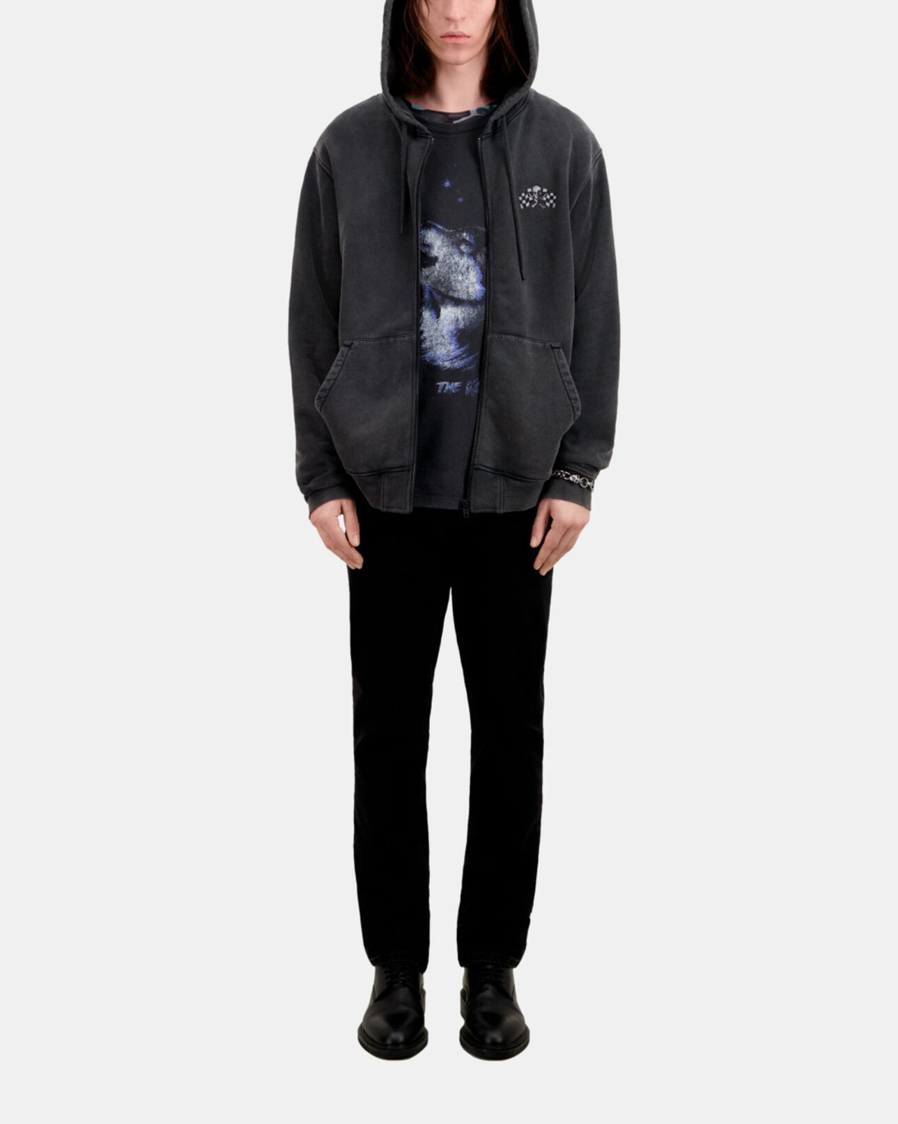 The Kooples HOMME BLACK WASHED sweatshirt homme à capuche noir avec sérigraphie racing skull