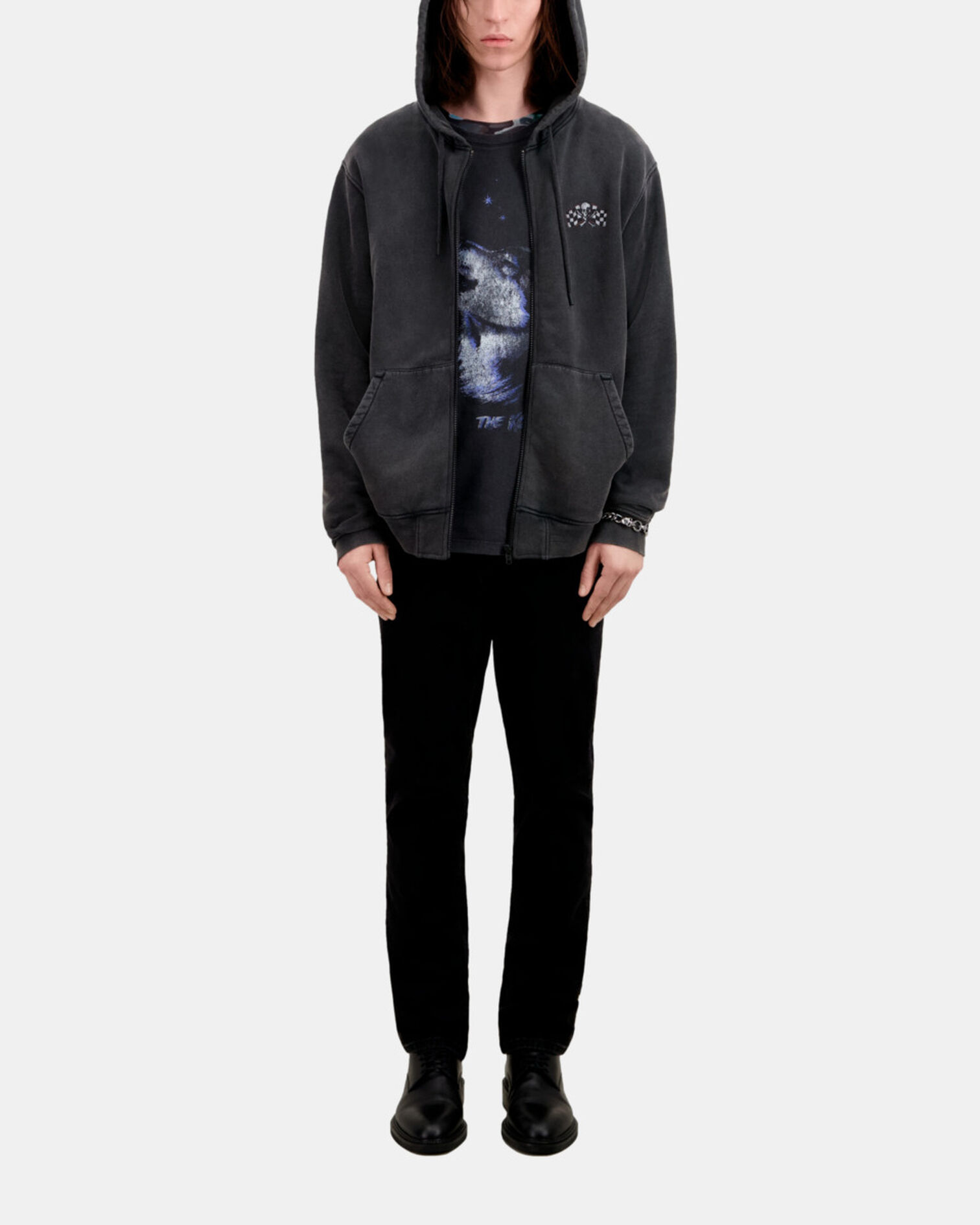 Sweatshirt Homme à capuche noir avec sérigraphie Racing skull, BLACK WASHED, hi-res image number null