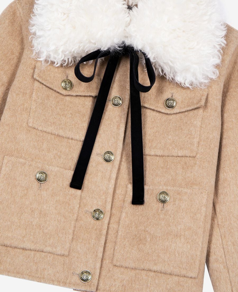 The Kooples MUJER BEIGE LINEN chaqueta beige con cuello de sherpa
